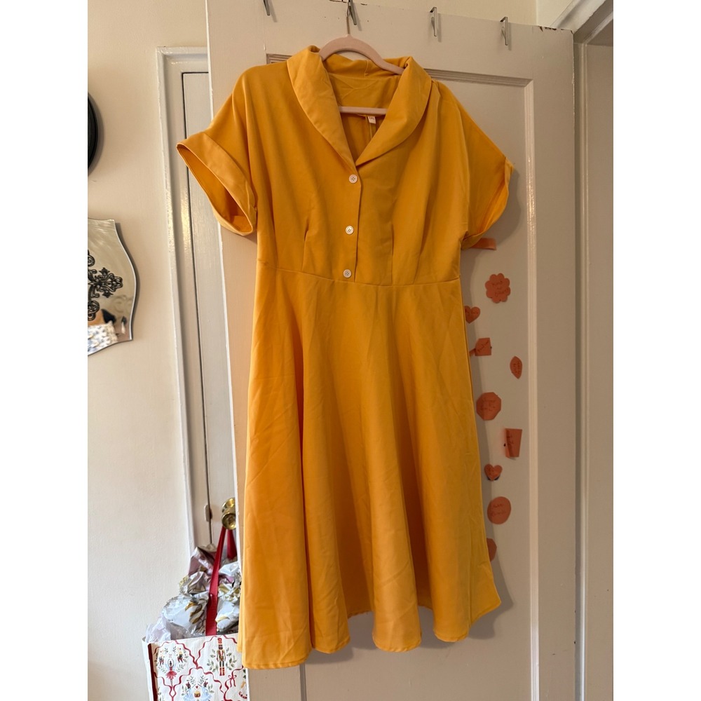 Vintage Style Mustard Yellow Fit & Flare Dress Shawl Collar Retro Rockabilly 2XL